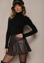 Czarne Spódnico-Szorty High Waist z Ekoskóry Ozdobione Imitacją Kieszeni Silezi. Brązowe szorty damskie Renee, bez wzorów, eleganckie, z podwyższonym stanem. Za 99.99 zł.