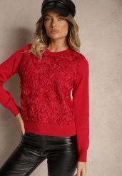 Czerwony Sweter z Wiskozą Ozdobiony Aplikacjami z Siateczki Harilia. Czerwone swetry nierozpinane damskie Renee, z aplikacjami, z jeansu, casualowe, bez kołnierzyka, bez ramiączek. Za 129.99 zł.