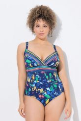 Damski Strój kąpielowy miękkie miseczki dekolt w serek siateczka Powermesh. Niebieskie stroje kąpielowe damskie Ulla Popken, plus size, bez wzorów, z elastanu. Za 191.99 zł.
