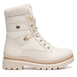 Trzewiki Remonte. Białe botki damskie Remonte, bez wzorów, bez obcasa, na płaskiej podeszwie, bez zapięcia. Za 399.00 zł.