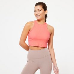 Koszulka bez rękawów damska Domyos Gym & Pilates 520 crop top. Brązowe topy damskie NYAMBA, xl, bez wzorów, z bawełny, sportowe, bez kołnierzyka, bez ramiączek. W wyprzedaży za 29.99 zł.