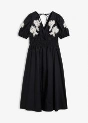 Sukienka midi z haftem. Czarne sukienki damskie bonprix, na lato, bez wzorów, z bawełny, bez kołnierzyka, bez ramiączek, midi. Za 239.99 zł.