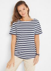 T-shirt z dekoltem w łódkę. Białe t-shirty damskie bonprix, bez wzorów, z elastanu, bez kołnierzyka, bez ramiączek. Za 59.99 zł.