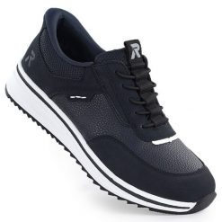 Półbuty damskie na podwyższeniu granatowe Rieker L5850-14. Półbuty damskie Rieker, bez wzorów, ze skóry ekologicznej, bez obcasa, bez zapięcia. Za 379.00 zł.