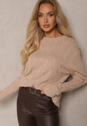 Beżowy Sweter z Wiskozą Ozdobiony Tłoczeniem Savra. Brązowe swetry nierozpinane damskie Renee, na zimę, bez wzorów, z wiskozy, casualowe, bez kołnierzyka, bez ramiączek. Za 99.99 zł.