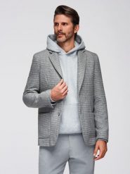 Marynarka męska w kratę z dodatkiem wełny - szara V1 - Rozmiar: XL. Szare marynarki męskie Ombre Clothing, m, bez wzorów, z materiału, bez kołnierzyka, bez ramiączek. W wyprzedaży za 169.99 zł.