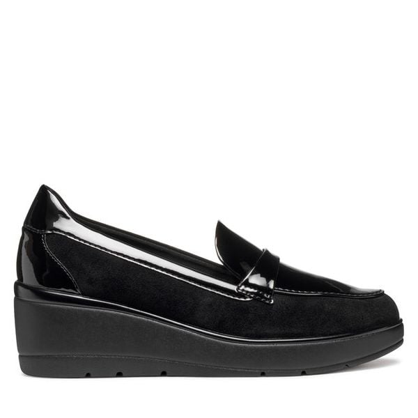 Półbuty Geox. Czarne półbuty damskie Geox, bez wzorów, bez obcasa, na koturnie, bez zapięcia. Za 269.99 zł.