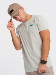 Męski bawełniany t-shirt z zieloną naszywką na piersi – jasnoszary V2. Szare t-shirty męskie Ombre Clothing, m, z aplikacjami, z bawełny, bez kołnierzyka, bez ramiączek. W wyprzedaży za 69.99 zł.