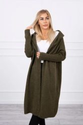 Sweter z kapturem khaki. Brązowe kardigany damskie KESI, l, bez wzorów, z wełny, eleganckie, bez kołnierzyka, plus size. Za 158.80 zł.