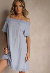 Jasnoniebieska Sukienka o Kroju Hiszpanki z Bawełny z Ażurowymi Zdobieniami Filviana. Niebieskie sukienki damskie Renee, na co dzień, l, z aplikacjami, z bawełny, eleganckie, bez kołnierzyka, bez ramiączek, mini, rozkloszowane. Za 59.99 zł.