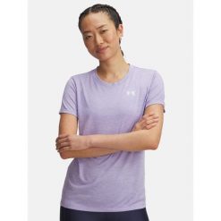 Koszulka treningowa damska Under Armour Tech Twist transparent/white. Fioletowe bluzki damskie Under Armour, bez wzorów, sportowe, bez kołnierzyka, bez ramiączek. Za 94.99 zł.