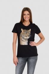 GUESS Czarny T-shirt Leopard Jewel Easy Tee. Czarne t-shirty damskie Guess, s, z aplikacjami, bez kołnierzyka, bez ramiączek. W wyprzedaży za 163.99 zł.