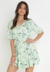Jasnozielona Rozkloszowana Sukienka Mini z Wiskozy z Gumką w Pasie Sorrail. Zielone sukienki damskie Born2be, na imprezę, na lato, l, bez wzorów, z wiskozy, bez kołnierzyka, bez ramiączek, mini, rozkloszowane. Za 39.99 zł.