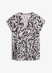 Bluzka z krótkim rękawem z lejącej wiskozy. Niebieskie bluzki damskie bonprix, bez wzorów, z wiskozy, eleganckie, bez kołnierzyka, bez ramiączek. Za 89.99 zł.