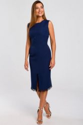 Elegancka sukienka ołówkowa midi rozcięcie na dole i koronka granatowa. Sukienki damskie Sukienki.shop, do pracy, l, bez wzorów, z elastanu, biznesowe, bez kołnierzyka, bez ramiączek, midi, dopasowane. Za 249.00 zł.