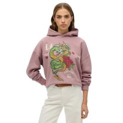 Bluza damska z kapturem Superdry Neo Trad Tattoo. Fioletowe bluzy damskie Superdry, l, bez wzorów, prążkowane, eleganckie, bez ramiączek, z kapturem. Za 309.50 zł.