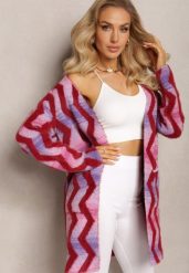 Jasnofioletowy Luźny Kardigan Niezapinany w Geometryczny Print Sheshy. Fioletowe kardigany damskie Renee, bez wzorów, z dzianiny, eleganckie, bez kołnierzyka. Za 119.99 zł.