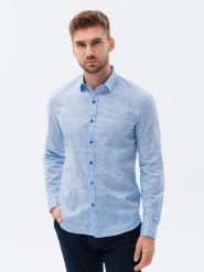 Koszula męska z drobnym printem kwiatowym REGULAR FIT - jasnoniebieska V1 K631 - M. Niebieskie koszule męskie Ombre Clothing, m, bez wzorów, z bawełny, bez kołnierzyka, bez ramiączek. Za 74.99 zł.