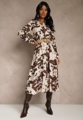 Brązowa Sukienka z Wiskozą o Koszulowym Kroju z Paskiem w Krowie Łaty Carlitia. Brązowe sukienki damskie Renee, na spotkanie biznesowe, na lato, l, bez wzorów, z wiskozy, bez kołnierzyka, bez ramiączek, midi, koszulowe. Za 119.99 zł.