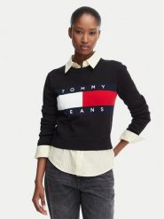 Tommy Jeans Sweter Flag DW0DW22930 Czarny Regular Fit. Czarne swetry nierozpinane damskie Tommy Jeans, xs, bez wzorów, z bawełny, bez kołnierzyka, bez ramiączek. Za 409.99 zł.