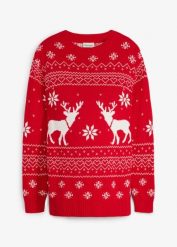 Sweter ciążowy na okres ciąży i po nim, z czystej bawełny organicznej. Czerwone swetry nierozpinane damskie bonprix, bez wzorów, z bawełny, wizytowe, bez kołnierzyka, moda ciążowa, bez ramiączek. Za 149.99 zł.