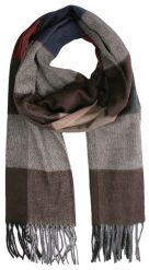 Szalik Szaro-Brązowy z Frędzlami, Miękki w Kratkę, Firmy V.Fraas -Cashmink. Niebieskie szaliki męskie V. Fraas, bez wzorów, z materiału. Za 65.00 zł.