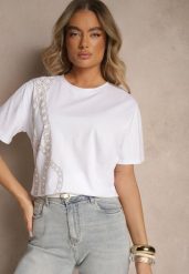 Biały T-shirt z Bawełny Ozdobiony Cyrkoniami Lavnelis. Białe t-shirty damskie Renee, l, bez wzorów, z bawełny, bez kołnierzyka, bez ramiączek. Za 39.99 zł.
