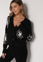 Czarny Kardigan na Guziki w Haftowane Kwiaty Tustara. Czarne kardigany damskie Born2be, l, bez wzorów, z jeansu, bez kołnierzyka. Za 89.99 zł.