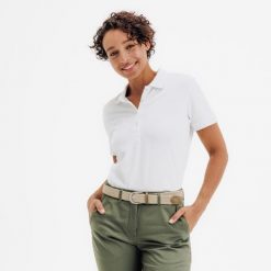 Koszulka polo do golfa z krótkim rękawem damska Inesis MW500. Białe bluzki damskie INESIS, m, bez wzorów, z bawełny, klasyczne, bez kołnierzyka, bez ramiączek. Za 59.99 zł.