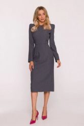 Elegancka sukienka ołówkowa z poduszkami na ramionach szara. Szare sukienki damskie Stylove, do pracy, m, bez wzorów, z elastanu, biznesowe, bez kołnierzyka, bez ramiączek, midi, dopasowane. Za 449.00 zł.