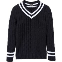 Sweter z dekoltem w serek i wzorem w warkocze bonprix czarno-biały. Czarne swetry męskie bonprix, l, bez wzorów, z bawełny, bez kołnierzyka, bez ramiączek. Za 59.99 zł.