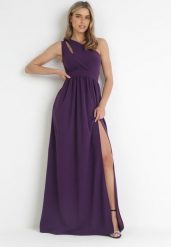 Ciemnofioletowa Sukienka Maxi Na Jedno Ramię z Rozcięciem na Dole Jasminta. Fioletowe sukienki damskie Born2be, na imprezę, l, bez wzorów, eleganckie, z asymetrycznym kołnierzem, dla wysokich, bez ramiączek, maxi, asymetryczne. Za 99.99 zł.