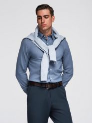 Koszula męska SLIM FIT z ozdobnej tkaniny – niebieska V1 - Rozmiar: S. Niebieskie koszule męskie Ombre Clothing, m, z aplikacjami, z bawełny, biznesowe, bez kołnierzyka, bez ramiączek. W wyprzedaży za 119.99 zł.