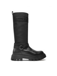 TWINSET Kozaki Stivale 242GCJ S Czarny. Czarne kozaki damskie Twinset, bez wzorów, ze skóry, bez obcasa, na płaskiej podeszwie, bez zapięcia. Za 1,249.00 zł.