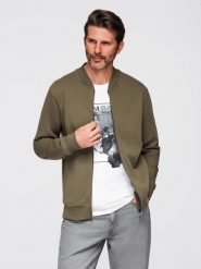Bawełniana rozpinana bluza męska dresowa bomberka – khaki V1 - Rozmiar: XXL. Brązowe bluzy męskie Ombre Clothing, m, z aplikacjami, z bawełny, eleganckie, bez ramiączek, bez kaptura. W wyprzedaży za 149.99 zł.