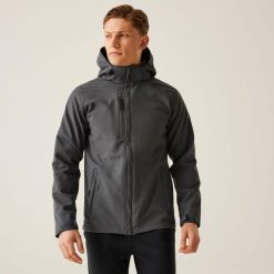 Męska kurtka z kapturem z podszewką softshell z odstraszaczem. Szare kurtki męskie Regatta, m, bez wzorów, z softshellu, sportowe, z kapturem. Za 349.99 zł.