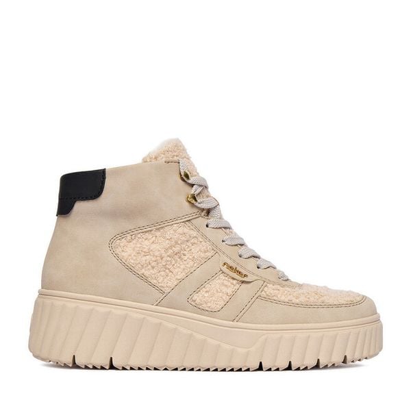 Trzewiki Rieker. Brązowe botki damskie Rieker, bez wzorów, bez obcasa, na koturnie, bez zapięcia. Za 279.99 zł.