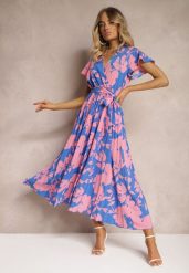 Niebiesko-Różowa Kopertowa Plisowana Sukienka Koktajlowa z Gumką i Paskiem w Talii Benelsea. Niebieskie sukienki damskie Renee, m, bez wzorów, z materiału, eleganckie, bez kołnierzyka, bez ramiączek, maxi, dopasowane. Za 69.99 zł.