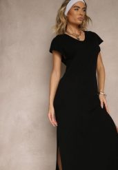 Czarna Sukienka z Bawełny o Pudełkowym Kroju i Dekolcie w V i Rozcięciami Natindra. Czarne sukienki damskie Renee, na spotkanie biznesowe, m, bez wzorów, z bawełny, eleganckie, bez kołnierzyka, bez ramiączek, maxi. Za 54.99 zł.