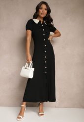 Czarna Wiskozowa Sukienka Rozkloszowana Retro z Guzikami i Kołnierzem Ardival. Czarne sukienki damskie Renee, na co dzień, z aplikacjami, z materiału, eleganckie, bez kołnierzyka, bez ramiączek, maxi, proste. Za 159.99 zł.
