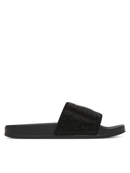 Guess Klapki E6GZ16 BB00F Czarny. Czarne klapki damskie Guess, z aplikacjami, z materiału, bez obcasa, bez zapięcia. Za 122.99 zł.