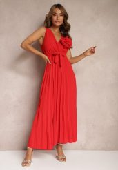 Czerwona Koktajlowa Sukienka Plisowana z Kwiatową Broszką Paskiem i Gumką w Talii Viknna. Czerwone sukienki damskie Renee, na imprezę, l, bez wzorów, z materiału, eleganckie, bez kołnierzyka, bez ramiączek, maxi, plisowane. Za 74.99 zł.