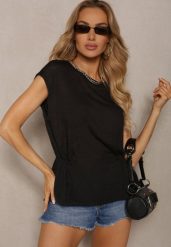 Czarny Top z Regulacją w Talii i Wiązaniem na Dole z Rozcięciem na Plecach Tiimaelin. Czarne topy damskie Renee, m, bez wzorów, z jeansu, eleganckie, bez kołnierzyka, bez ramiączek. Za 49.99 zł.