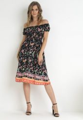 Czarna Rozkloszowana Sukienka Bawełniana Hiszpanka we Wzór Paisley Dottia. Czarne sukienki damskie Born2be, l, bez wzorów, z bawełny, bez kołnierzyka, bez ramiączek, midi, rozkloszowane. Za 39.99 zł.