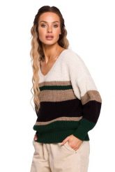 Sweter w Paski z Dekoltem V - Model 1. Swetry nierozpinane damskie MOE, l, bez wzorów, z materiału, bez kołnierzyka, bez ramiączek. Za 218.90 zł.