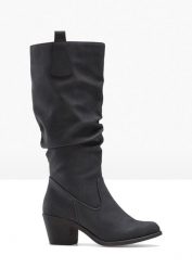 Kozaki. Czarne kozaki damskie bonprix, bez wzorów, bez obcasa, bez zapięcia. Za 219.99 zł.