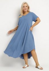 Niebieska Rozkloszowana Sukienka z Bawełną Elzedia. Niebieskie sukienki damskie Born2be, na co dzień, xl, bez wzorów, z bawełny, eleganckie, bez kołnierzyka, bez ramiączek, midi, rozkloszowane. Za 69.99 zł.