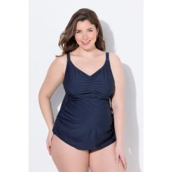 Damskie tankini Bellieva góra bez miękkich miseczek. Niebieskie stroje kąpielowe damskie Ulla Popken, plus size, bez wzorów, z elastanu. Za 179.99 zł.