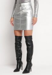 Srebrna Metaliczna Spódnica Mini z Imitacji Skóry z Paskiem z Klamrą Lelara. Szare spódnice damskie Born2be, l, bez wzorów, ze skóry, mini. Za 139.99 zł.
