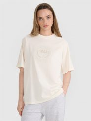 4F T-shirt oversize z nadrukiem damski - biały XXL. Białe t-shirty damskie 4F, xl, bez wzorów, z bawełny, klasyczne, bez kołnierzyka, bez ramiączek. W wyprzedaży za 49.99 zł.